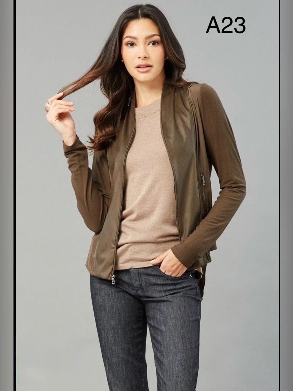 Lola & Sophie Olive Brown Faux Leather Zip Jacket, Size X-Small